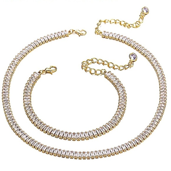 Baguette Crystal Gold Plated Zircon Diamond Necklace Bracelet Set - Picture 5 of 9